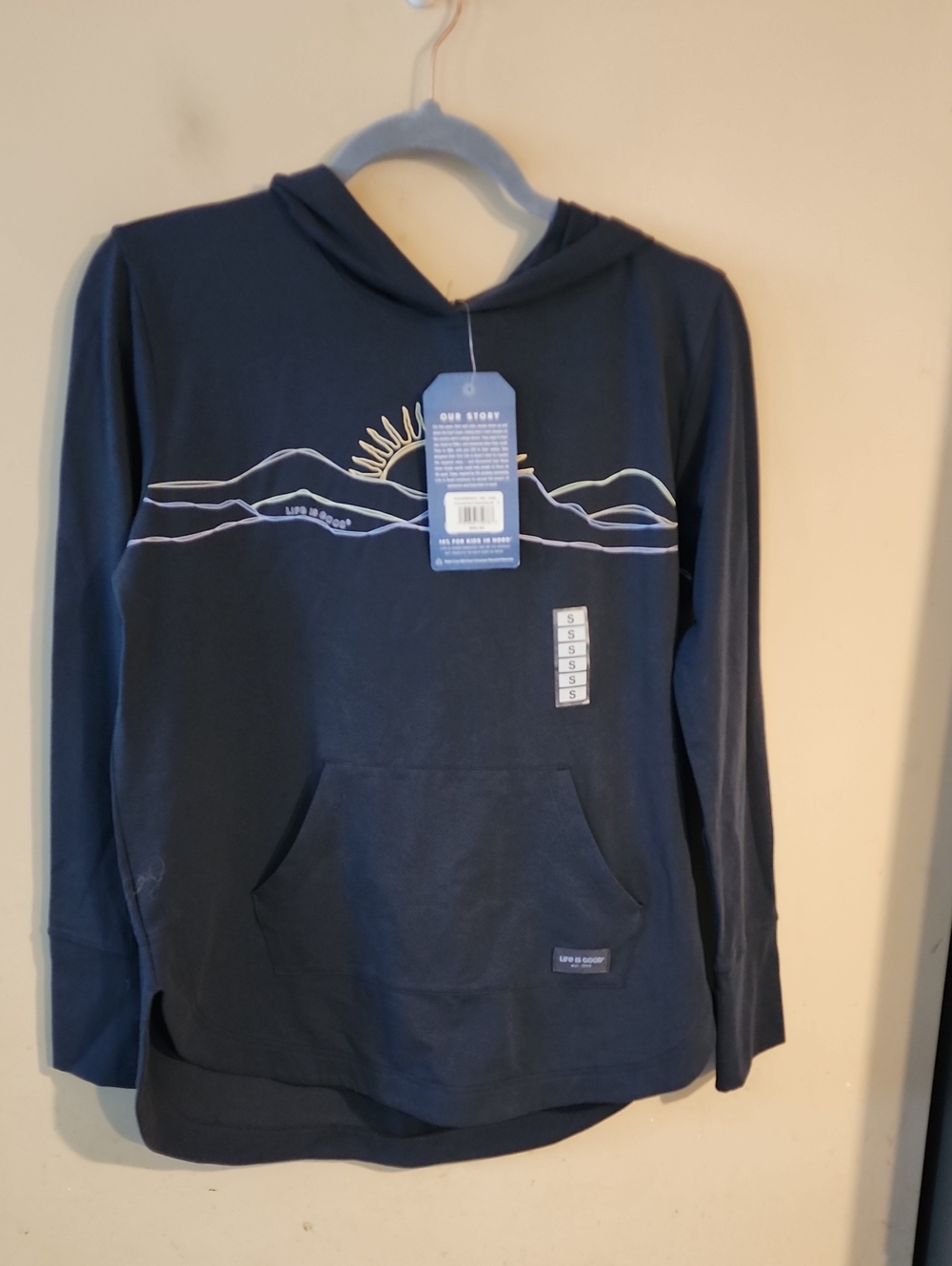 Life Is Good  Navy Crewneck Hoodie with Sunrise Mountain Graphic
